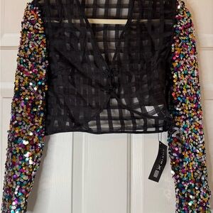 SHEIN Black Mesh Crop Top with Sequin Sleeves szS